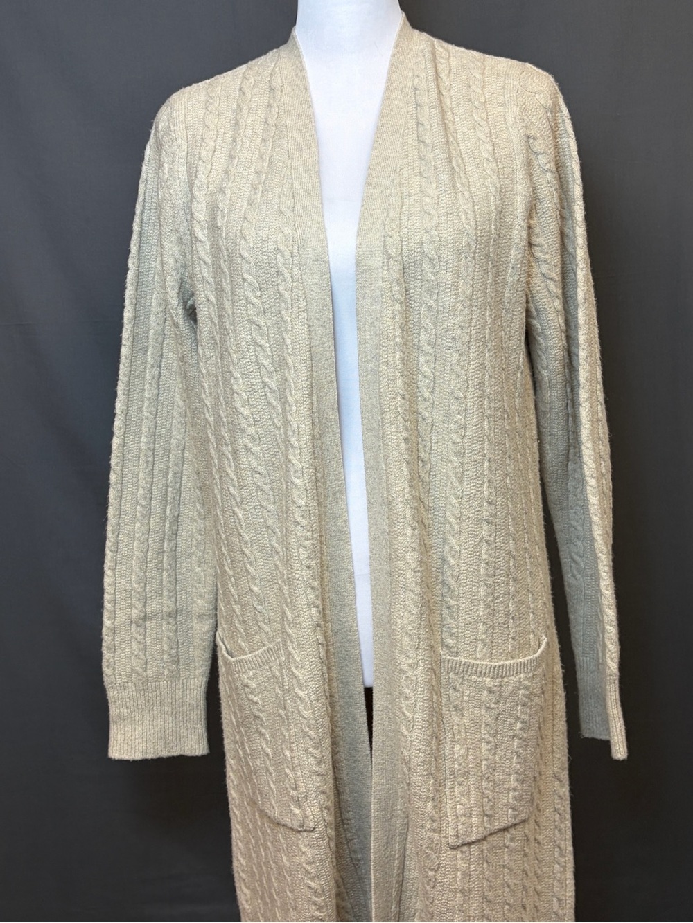 J.Jill Longline Cable Knit Cardigan Women's M Oatmeal Cream Pockets